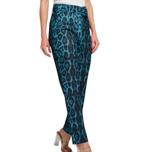 Animal Print Belted Pant in Teal and Black - Picture 2 of 4